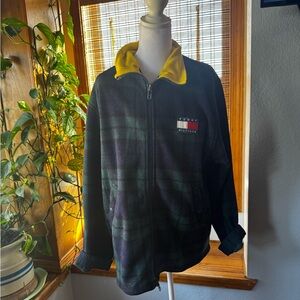 VTG Tommy Hilfiger Medium Full Zip Fleece Jacket Tartan Plaid Green 90s Y2K